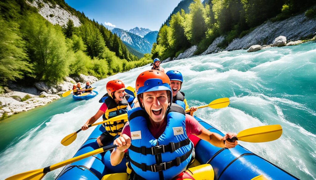 Družina uživa v raftingu na Soči