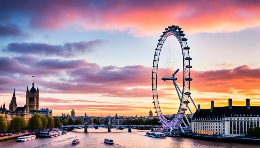 Panoramski pogled na London Eye ob sončnem zahodu Panoramski pogled na London Eye ob sončnem zahodu